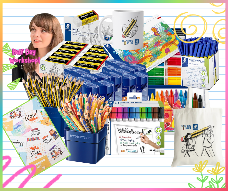 image of prizes for year in the classroom STAEDTLER competition, including stationery, handwriting pens, a workshop with Bethan Woollvin, and postivie teacher company merch.